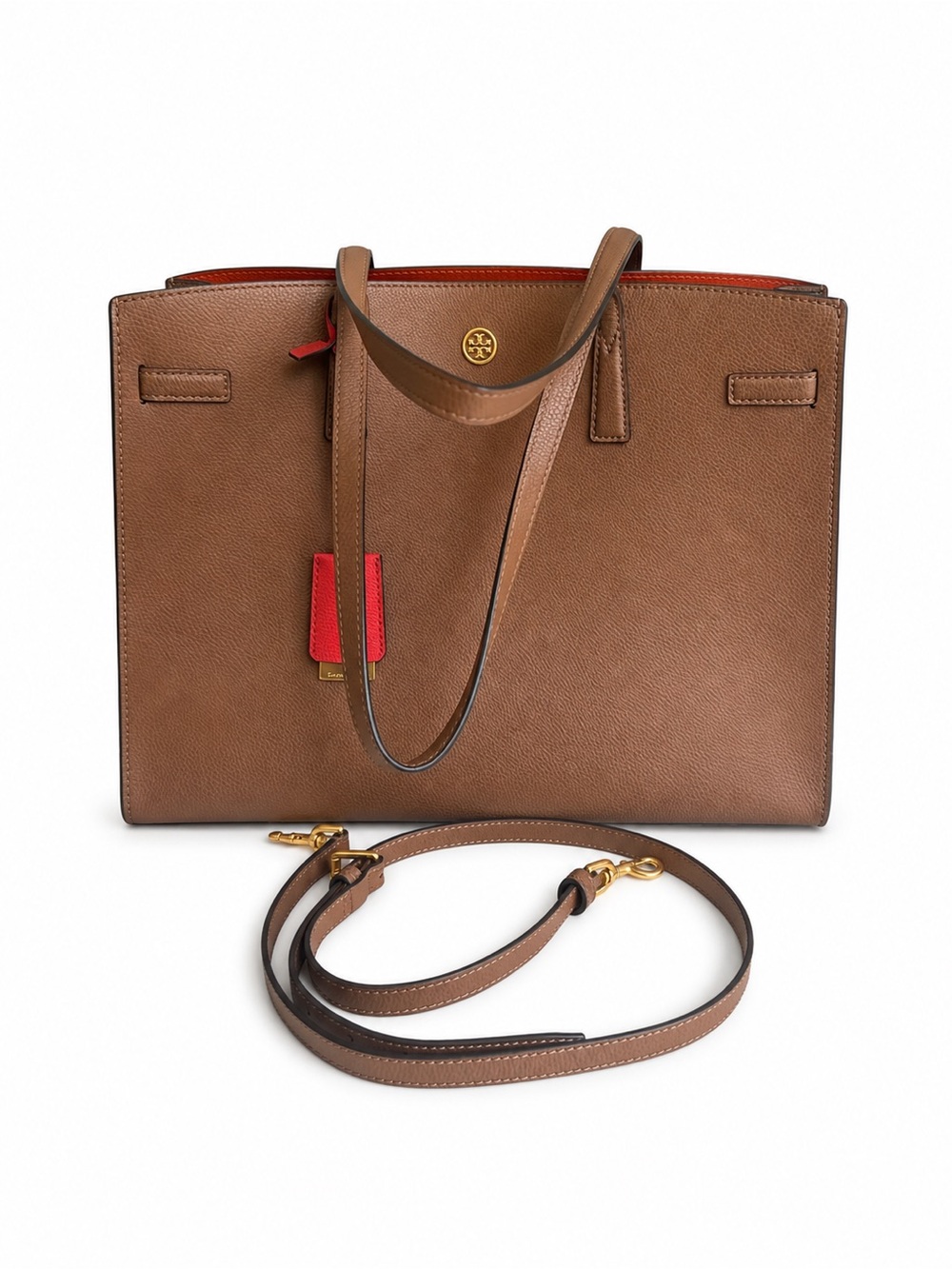 Tory Burch Walker Satchel Brown Leather Tote, Orange Interior & Accent Tag